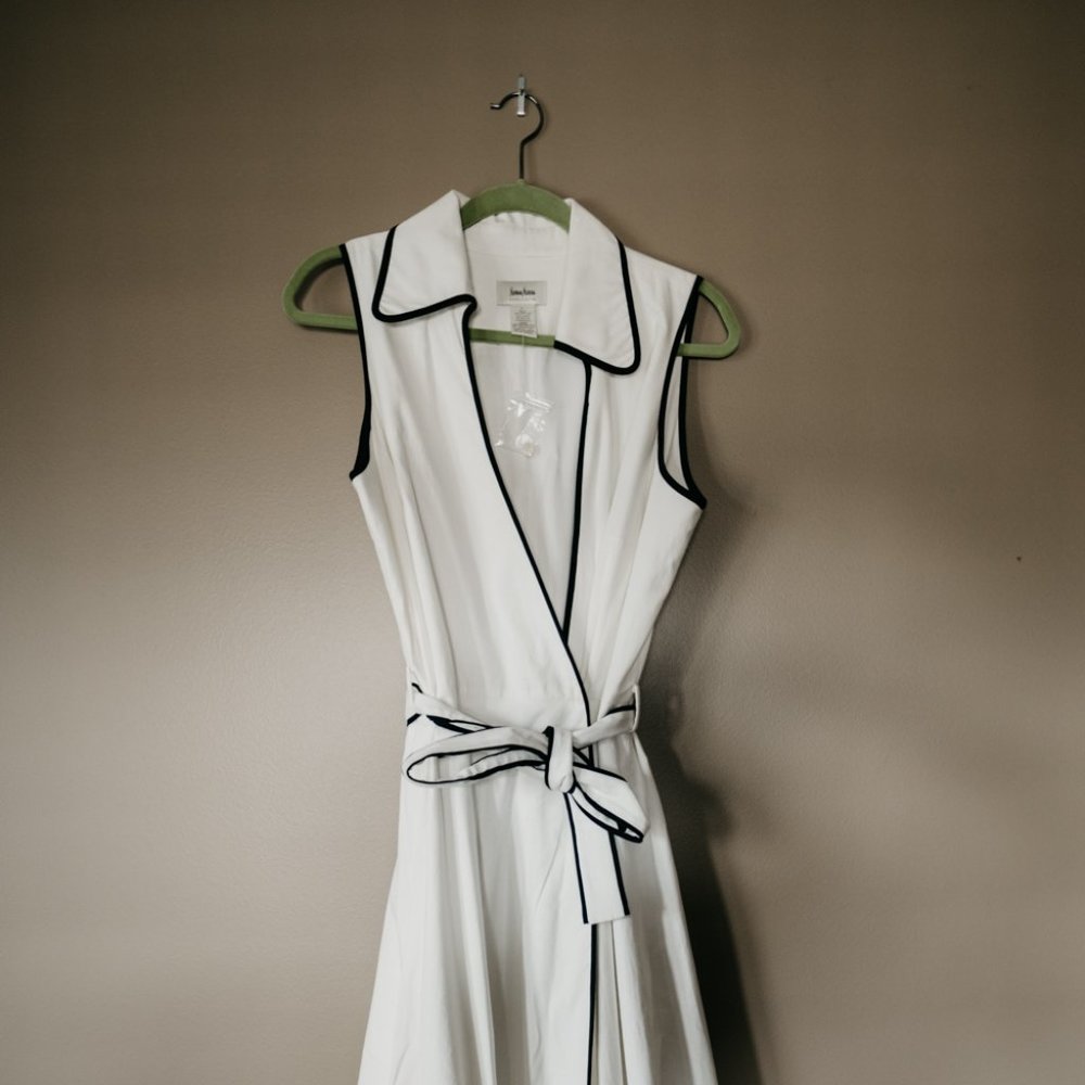 Plunge V-Neck Black-trimmed White Dress with Tie